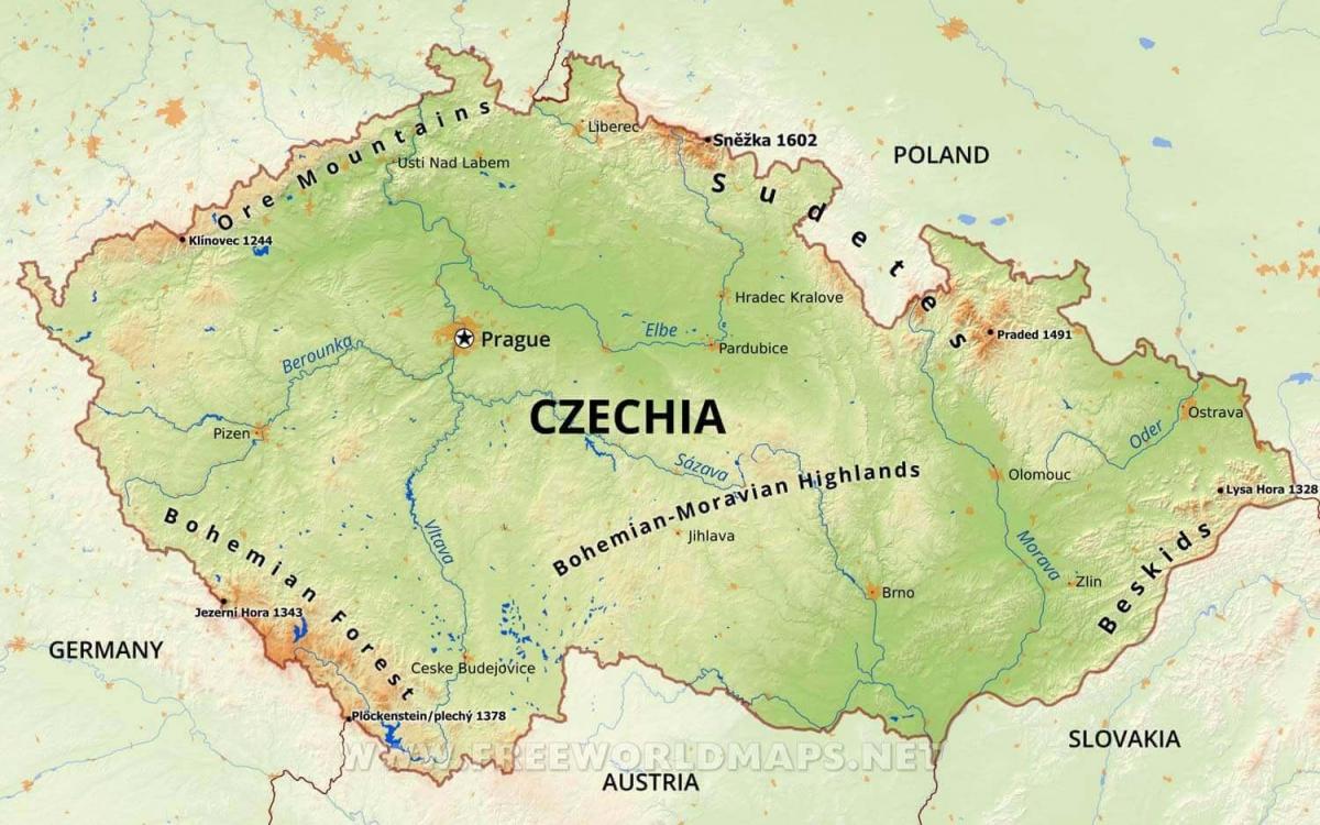 Горы в Чешской Республике (Чехословакии) карта