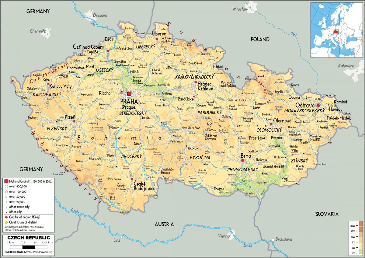 Карта рельефа Чешской Республики (Чехословакии)
