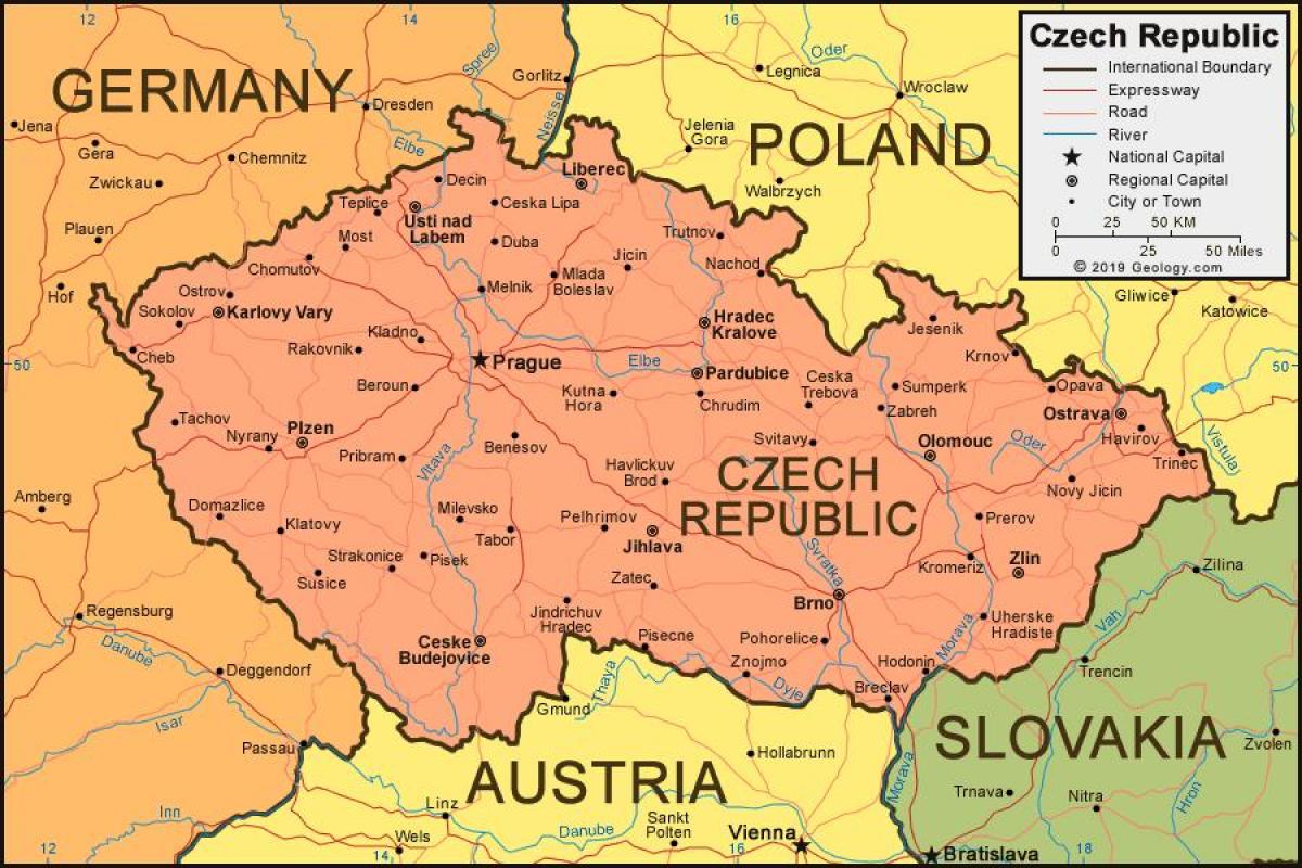 Карта Чешской Республики (Чехословакии) и граничащих с ней стран